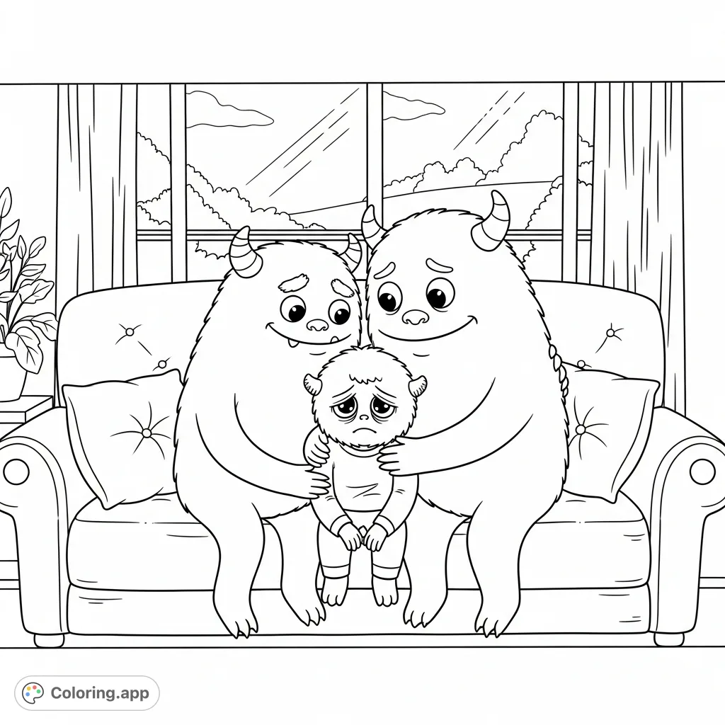 A heartwarming monster coloring page featuring a small, sad monster receiving comfort from two larger, caring companions on a plush sofa, with a serene window view.