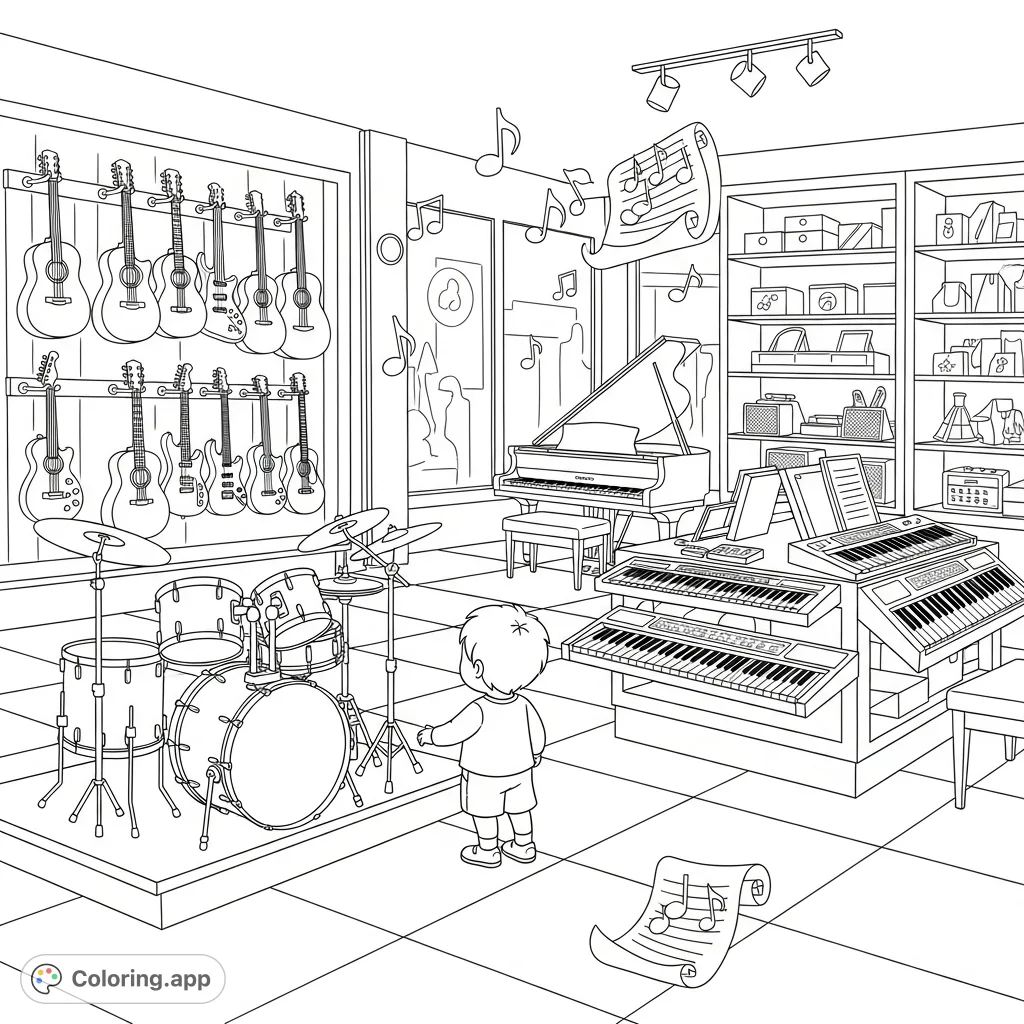 Explore a lively music shop scene featuring a child surrounded by guitars, drums, and keyboards, perfect for inspiring young musicians.