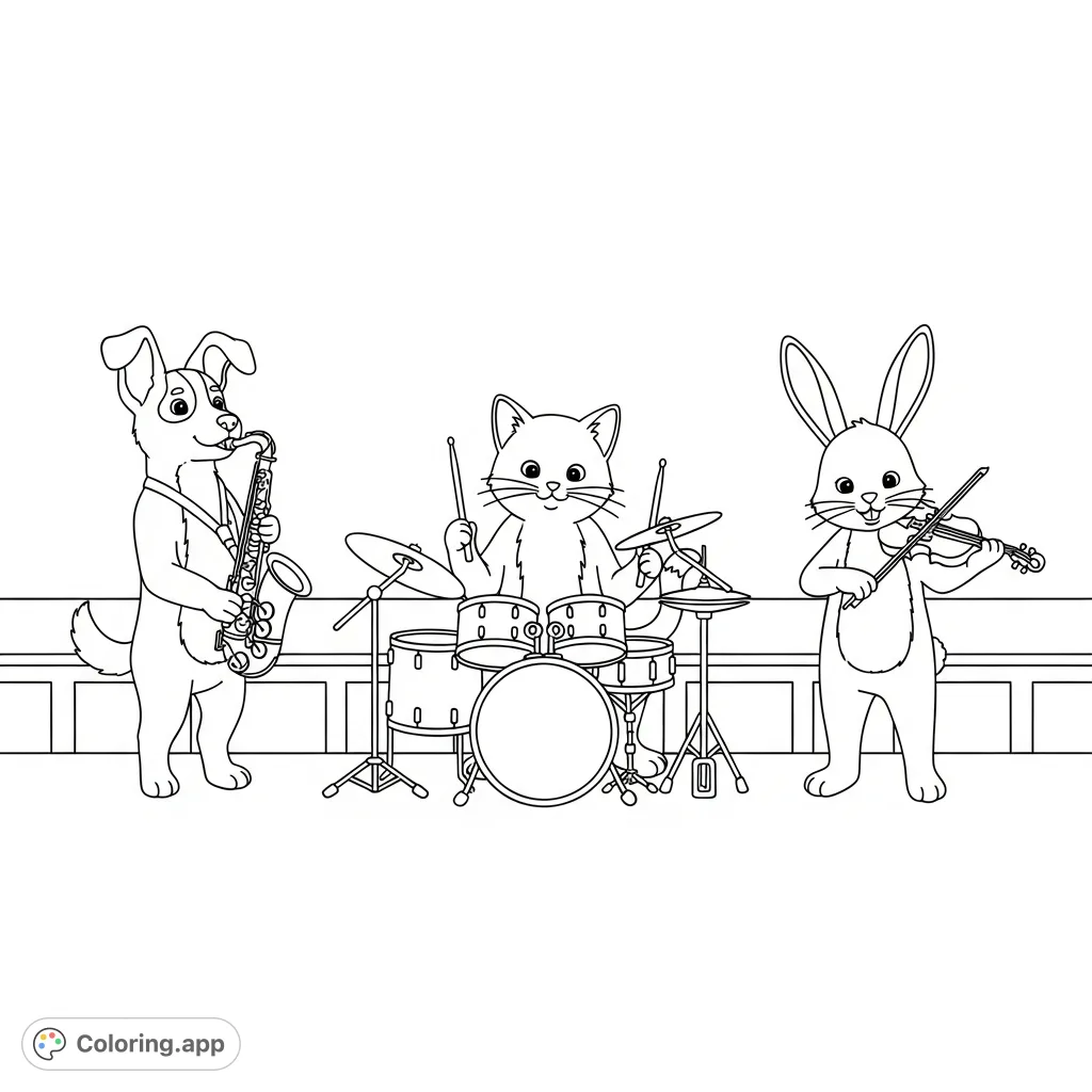 A charming animal band featuring a dog, cat, and bunny playing instruments on a simple stage. A delightful free printable animal band coloring page for kids.