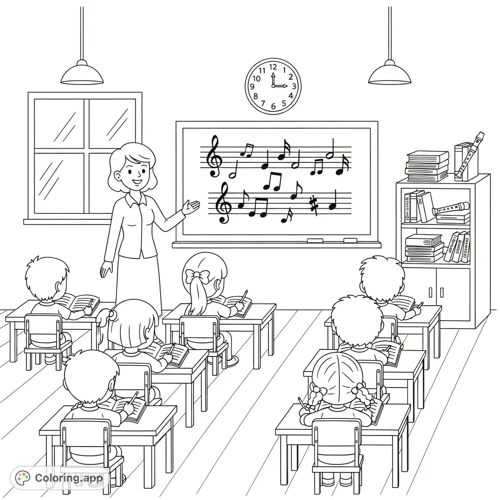 A cheerful music classroom coloring page where children learn from a smiling teacher, surrounded by musical notes and engaging classroom details.