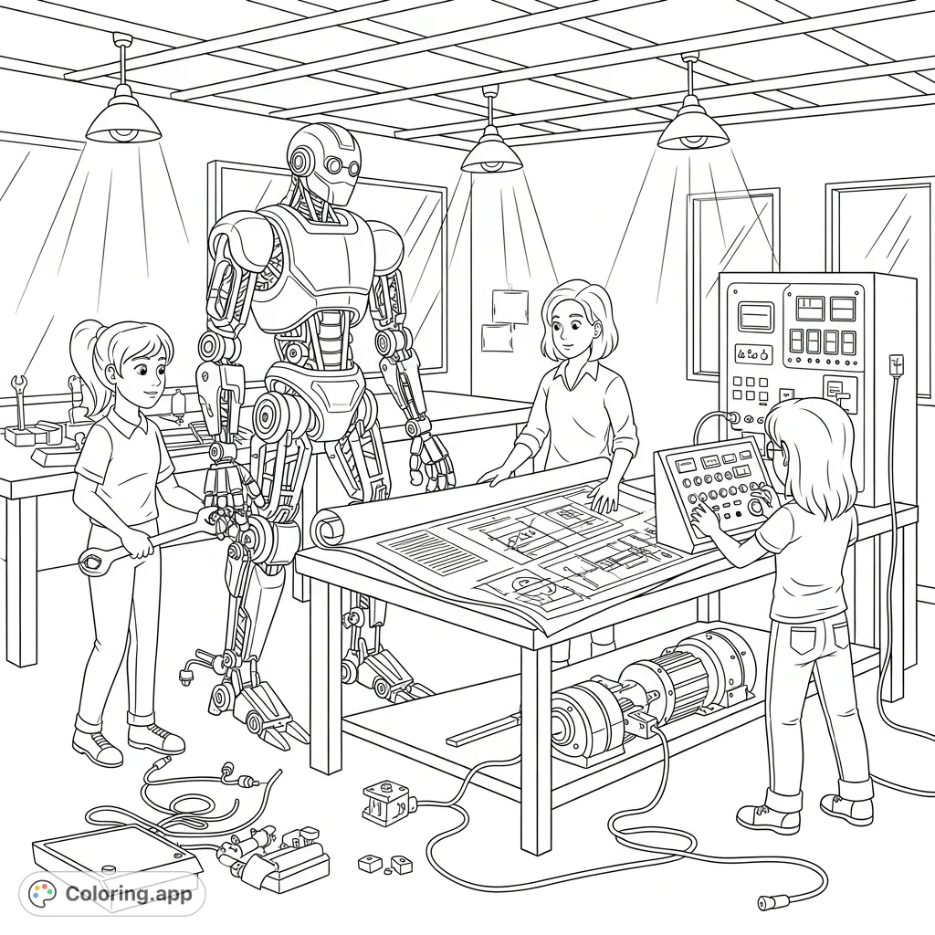 Explore a detailed robot engineering workshop featuring three girls building a humanoid robot. A fascinating free printable coloring page for all ages!