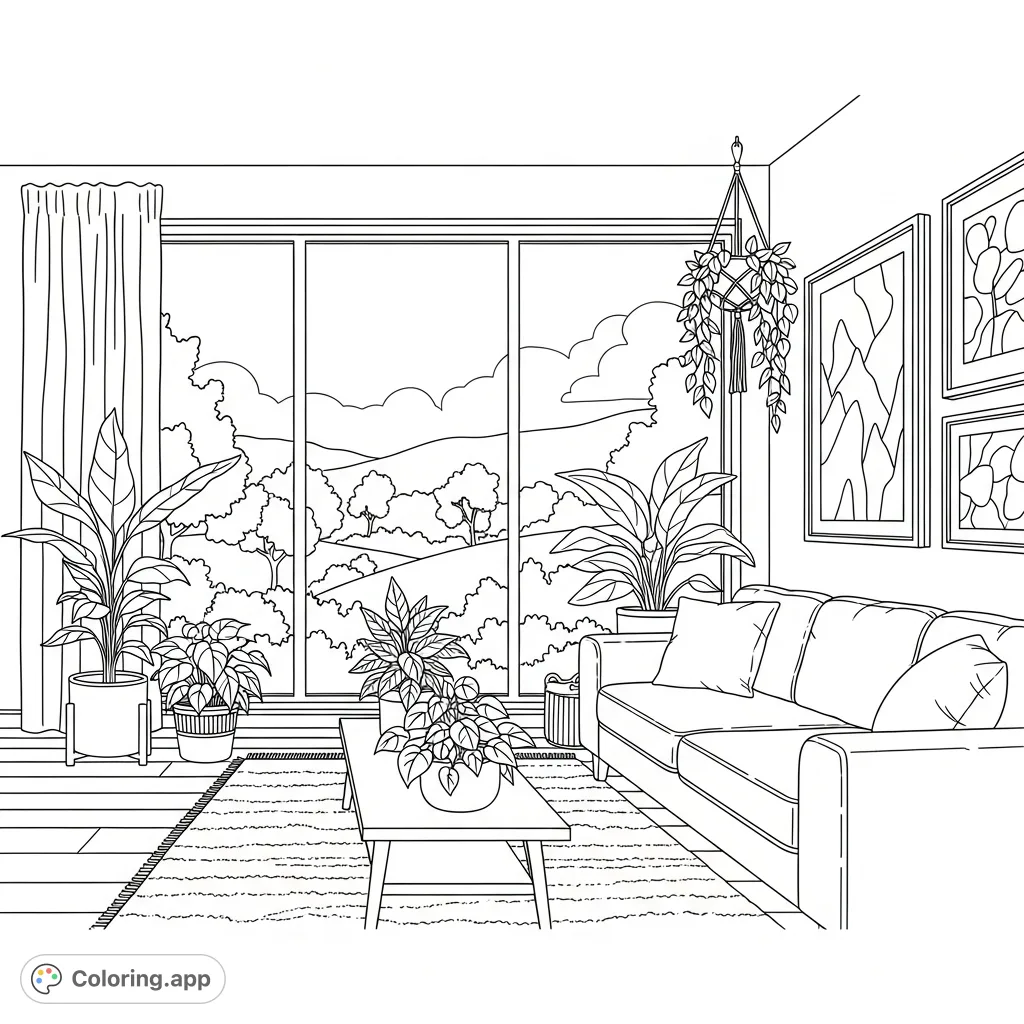 Discover tranquility in this peaceful living room coloring page, featuring a large window, plush couch, and lush houseplants in a cozy setting.