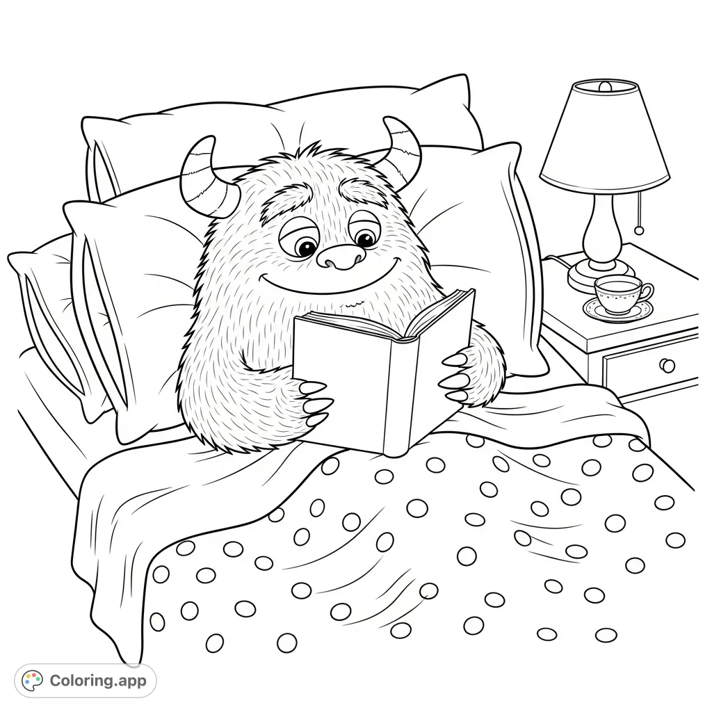 A charming fluffy monster is cozily nestled in bed, surrounded by pillows, enjoying a book with a teacup nearby. A delightful, relaxing scene for all ages.