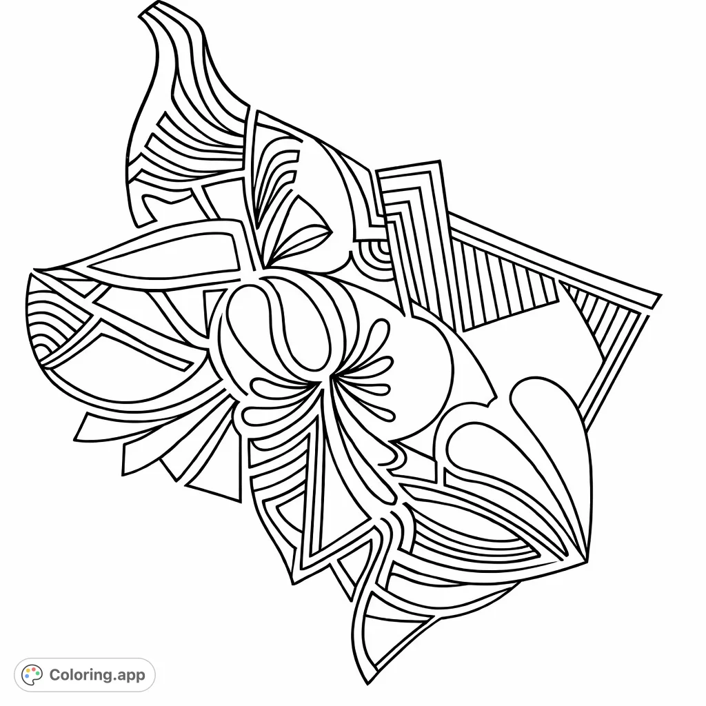 Explore an intricate abstract design featuring dynamic interlocking shapes, swirling organic motifs, and precise geometric patterns. A captivating coloring challenge.