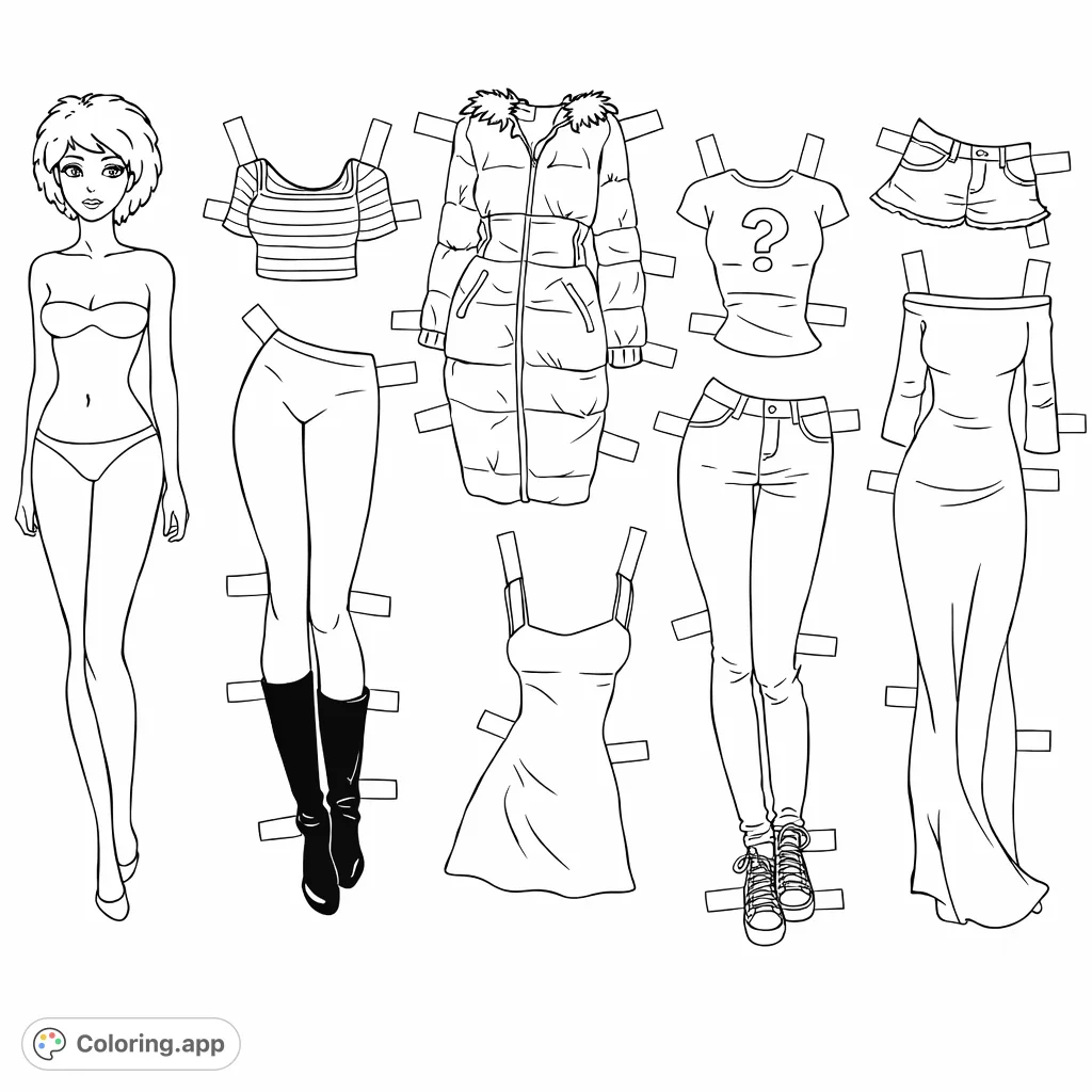 Unleash creativity with this paper doll coloring page! Design stylish outfits for a charming doll with diverse clothing and accessories.