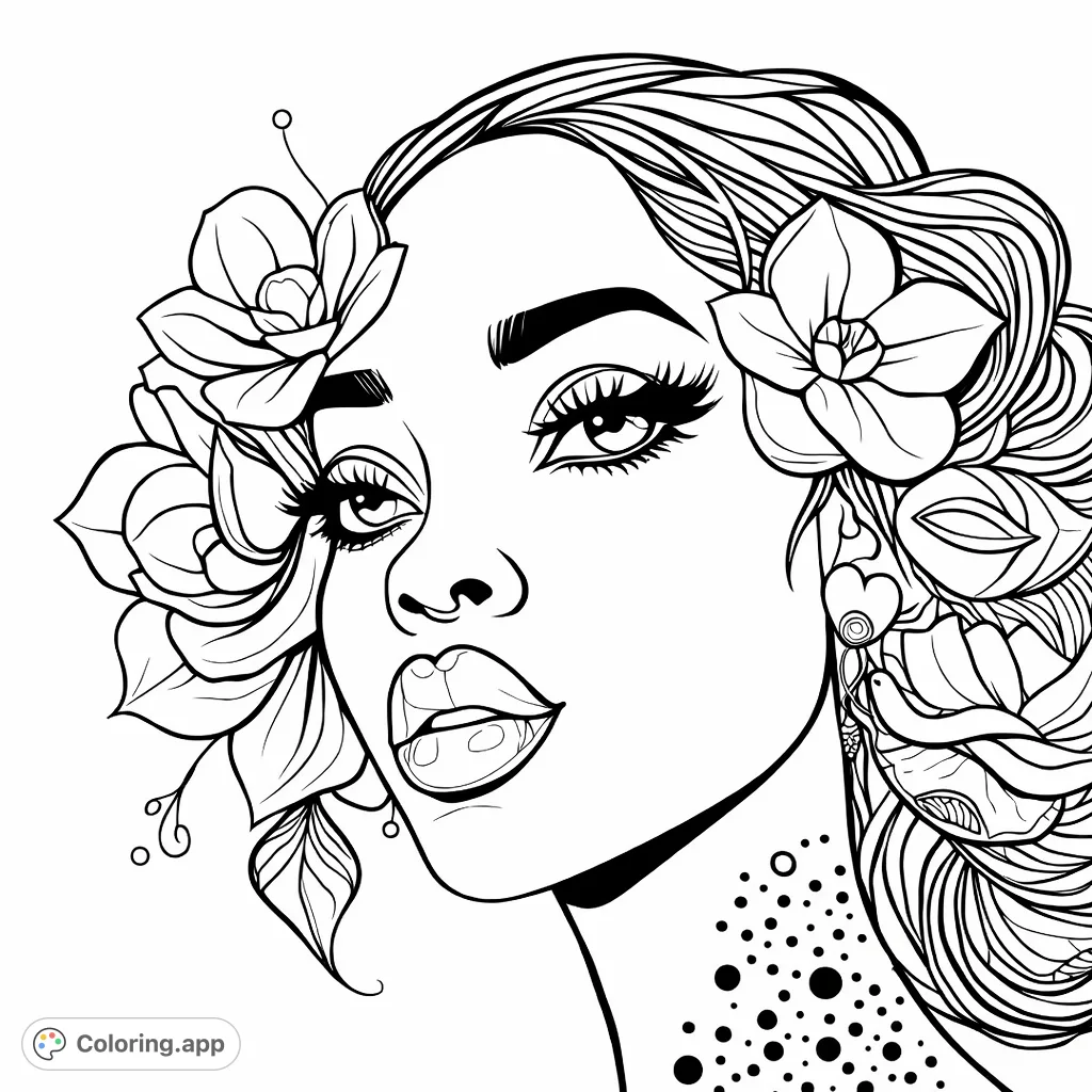 A stunning portrait of a woman adorned with elegant floral details and intricate patterns, offering a sophisticated and artistic coloring experience.