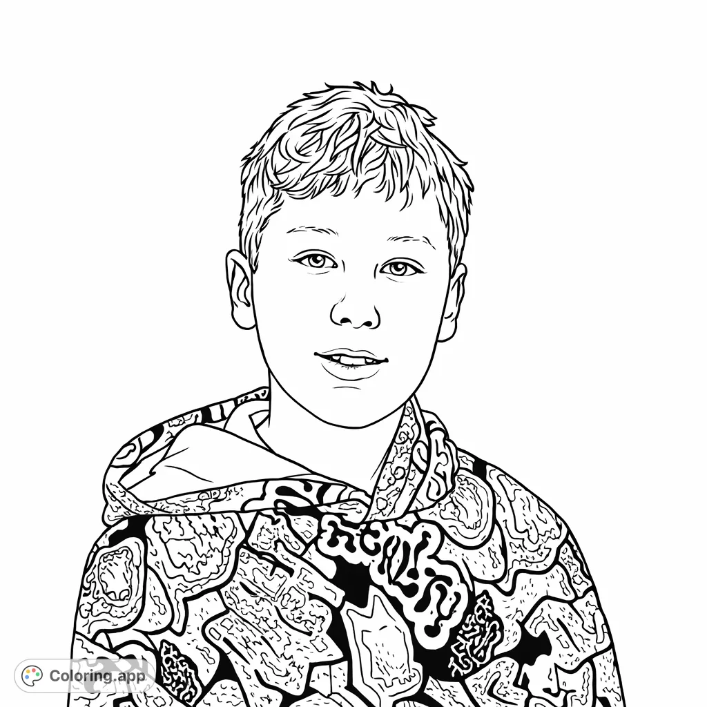 Color a vibrant portrait of a youngster in a unique, abstract-patterned hoodie. Express creativity on the intricate designs and bring this dynamic character to life.