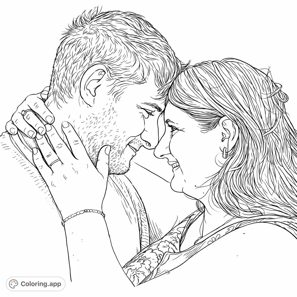 Capture a tender moment with this romantic couple coloring page. Features a man and woman in a gentle embrace, perfect for expressing affection and connection.