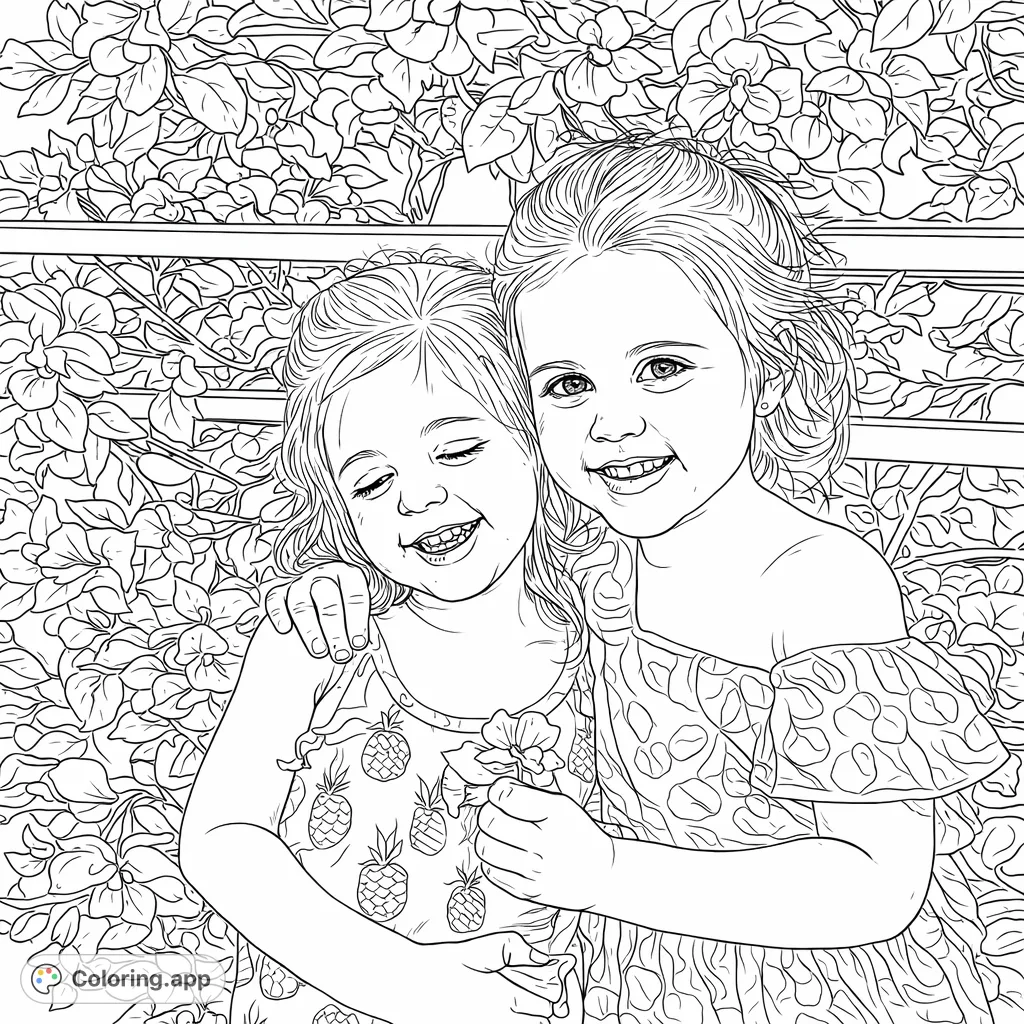 Two joyful girls embrace amidst a lush blooming floral background, one holding a delicate flower, perfect for a heartwarming coloring experience.