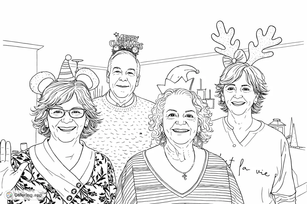 Four smiling individuals don whimsical headwear, from mouse ears to reindeer antlers, celebrating togetherness in a cheerful indoor setting, perfect for coloring.