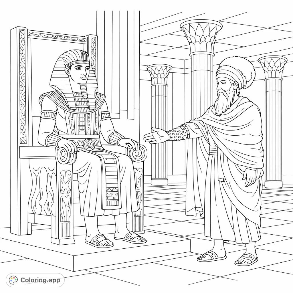 Color a powerful pharaoh on his throne meeting a robed, bearded figure in an ancient, columned hall. A captivating scene for history enthusiasts to bring to life.