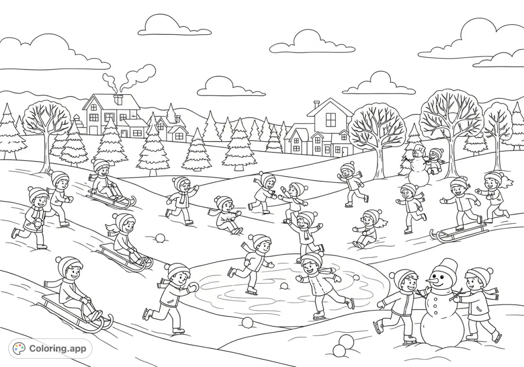 Explore a cheerful snowy landscape with 15 children engaged in various winter activities like sledding, ice skating, and building snowmen, perfect for learning and fun.