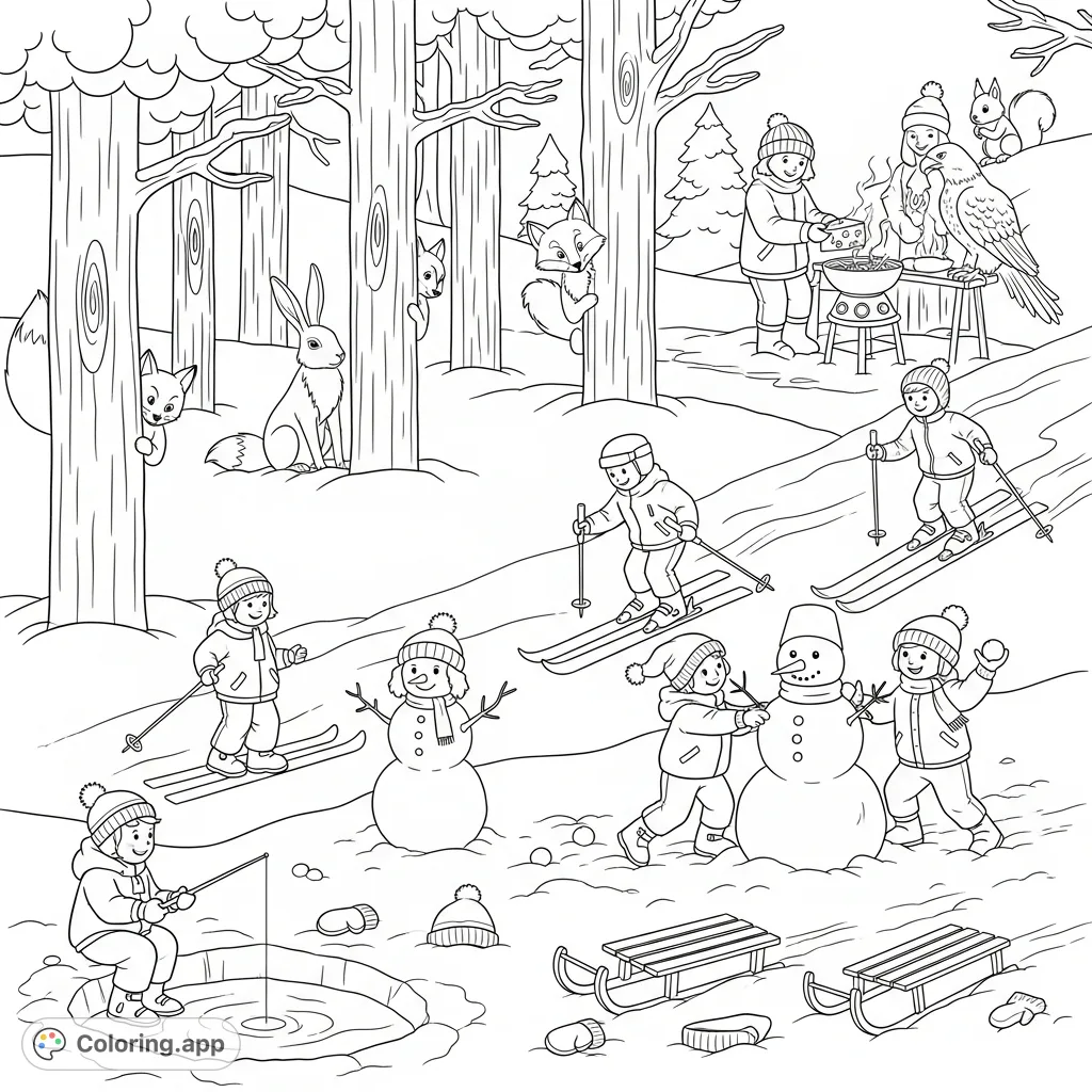 Explore a bustling winter landscape with children ice fishing, skiing, building snowmen, and more, while parents enjoy fondue and curious animals watch from the woods.