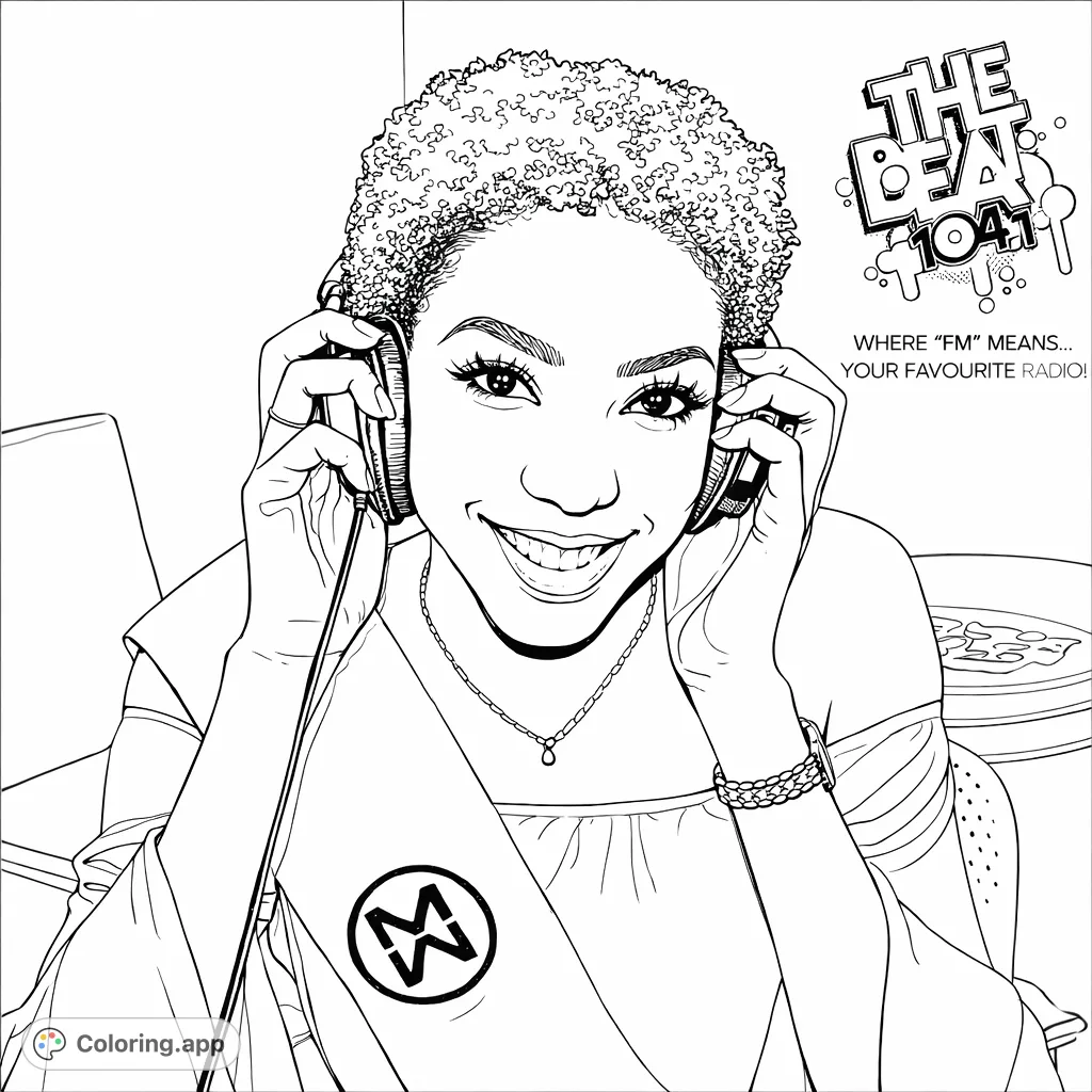 A smiling woman with curly hair wears headphones, holding them to her ears in a studio setting. Perfect for music enthusiasts and fashion lovers.