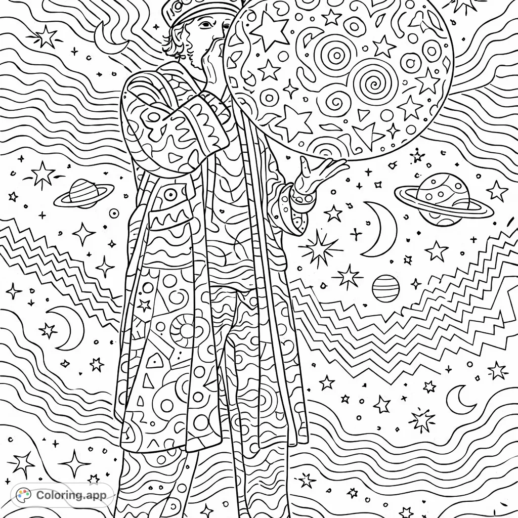 An abstract coloring page featuring a person inflating a large balloon, filled with intricate patterns, stars, and celestial elements, all set against a background of waves and zigzags.