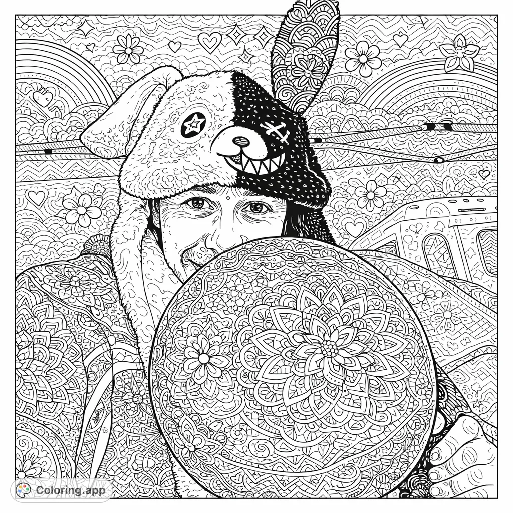 Discover a unique character wearing a distinctive two-faced bear hat, holding a large sphere. Intricate patterns and decorative elements fill this engaging coloring page.