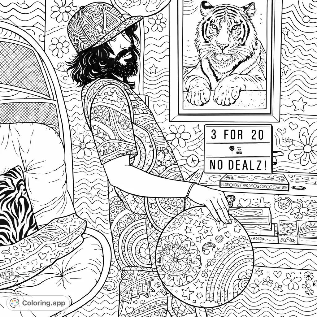 Explore a unique scene featuring a man in vibrant patterned attire, holding an intricately detailed balloon, with a majestic feline portrait and whimsical details.