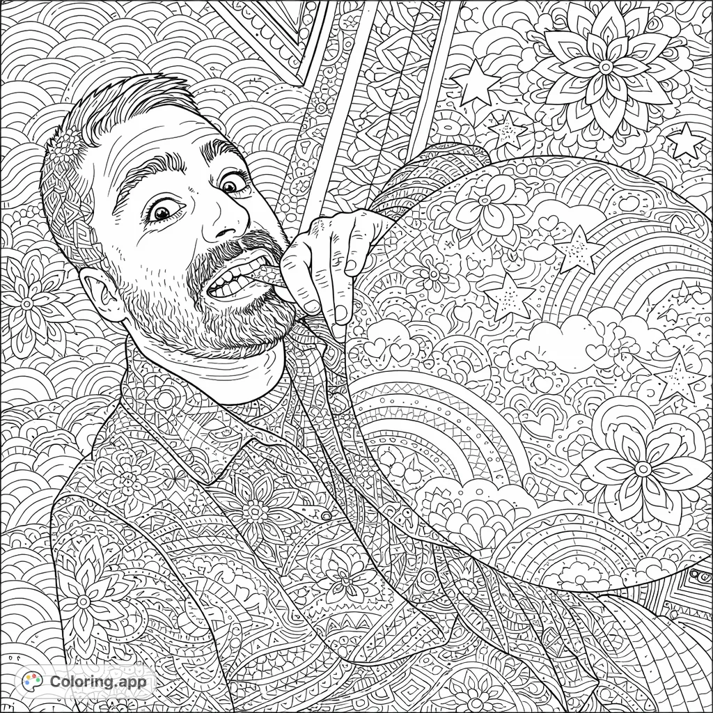 Capture the playful energy of a man with an exaggerated expression, inflating a large spherical object. An intricate mandala-style coloring page.