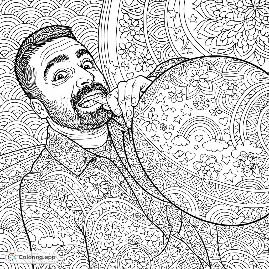 Capture the playful energy of a man comically blowing up a large balloon. A fun design with intricate patterns and closed shapes for a delightful coloring experience.