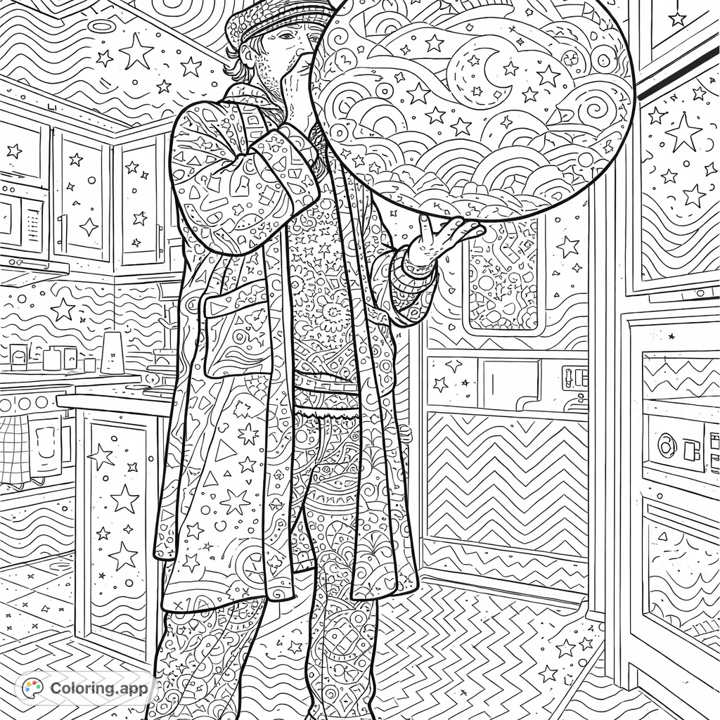 Color a patterned figure inflating an abstract balloon with celestial stars and waves. A detailed, free printable coloring page for creative fun.