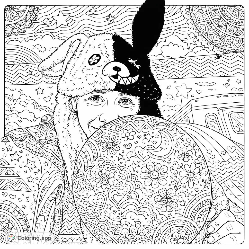 Dive into a whimsical scene featuring a character in a split-design plush hat holding an intricately patterned balloon, set against a playful backdrop.