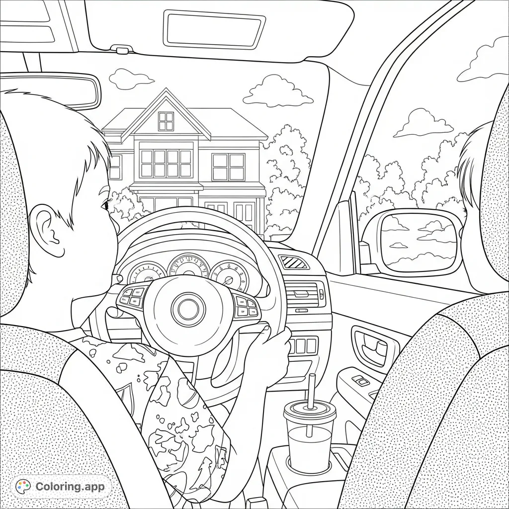 Imagine yourself behind the wheel! This exciting coloring page features a young child driving a car, with dashboard details and a view of a house and trees outside.
