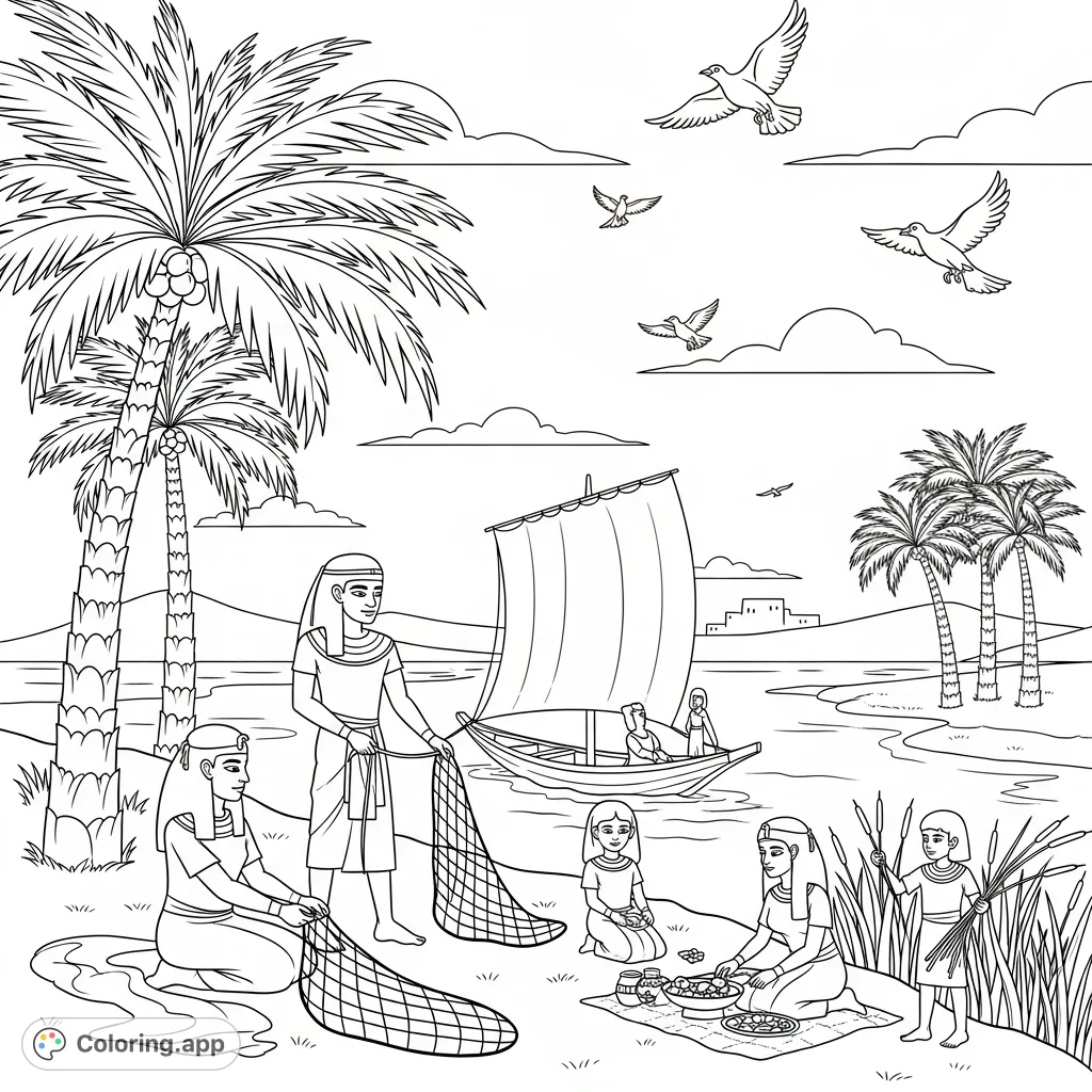Explore an ancient Egyptian family working by the Nile River. A free printable coloring page depicting daily life, boats, palm trees, and birds.