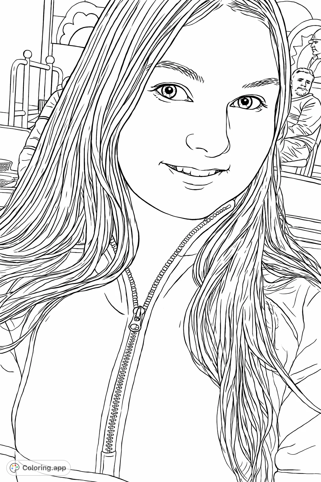 A relaxing portrait of a young woman in a casual setting, featuring detailed hair and clothing. Perfect for personal expression and creative coloring.