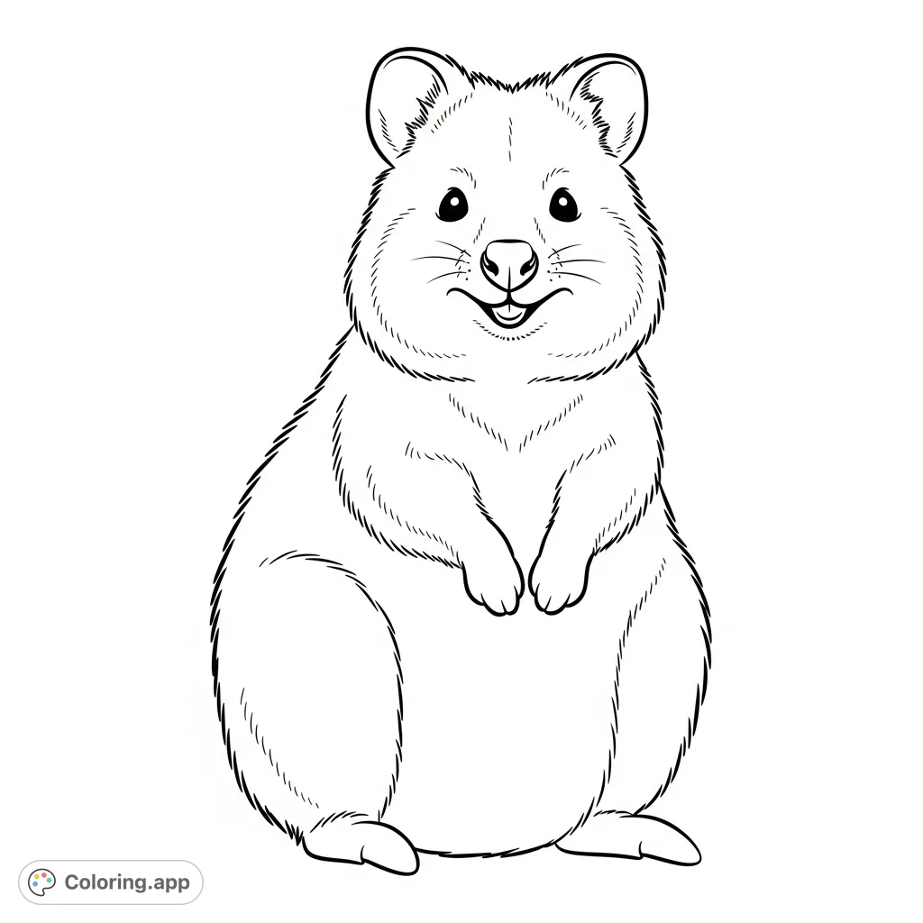 A cheerful quokka sits upright, featuring its signature 'smile' and fluffy texture. Perfect for a simple, delightful quokka coloring experience.
