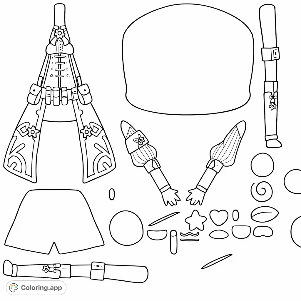 Explore a detailed collection of steampunk-inspired character assets, featuring an elaborate coat, distinct body parts, and various accessories for creative coloring.