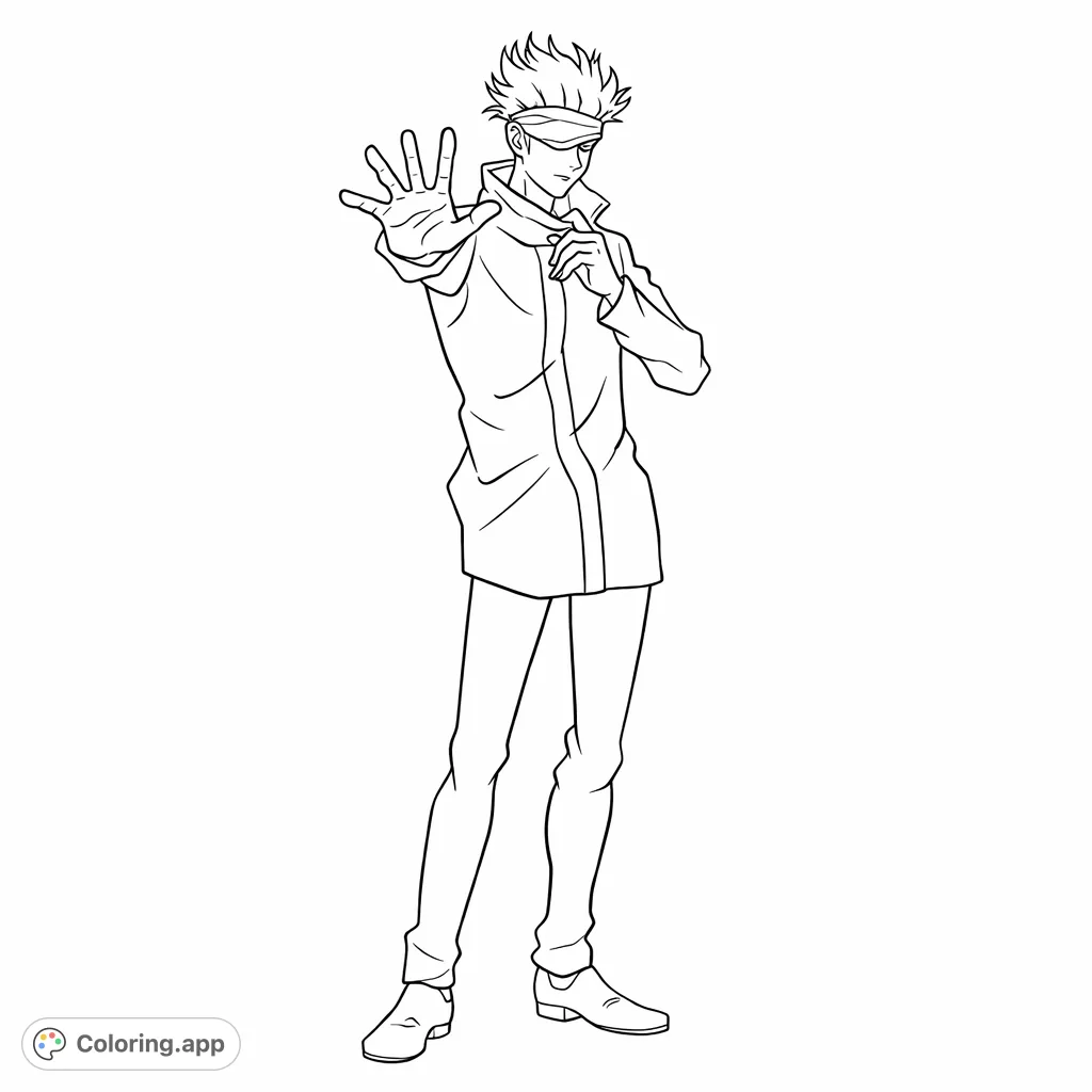 Color this striking anime character in a powerful stance, featuring a blindfold, spiky hair, and an extended hand. Perfect for fans of action anime!