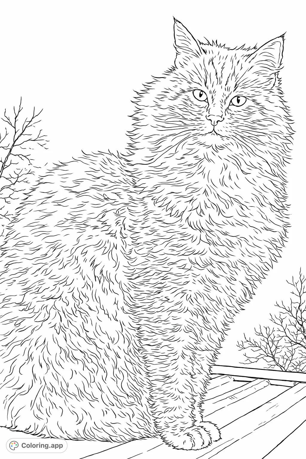 Capture the charm of a fluffy, long-haired cat in a peaceful outdoor setting. Perfect for cat lovers seeking a delightful and engaging coloring experience.