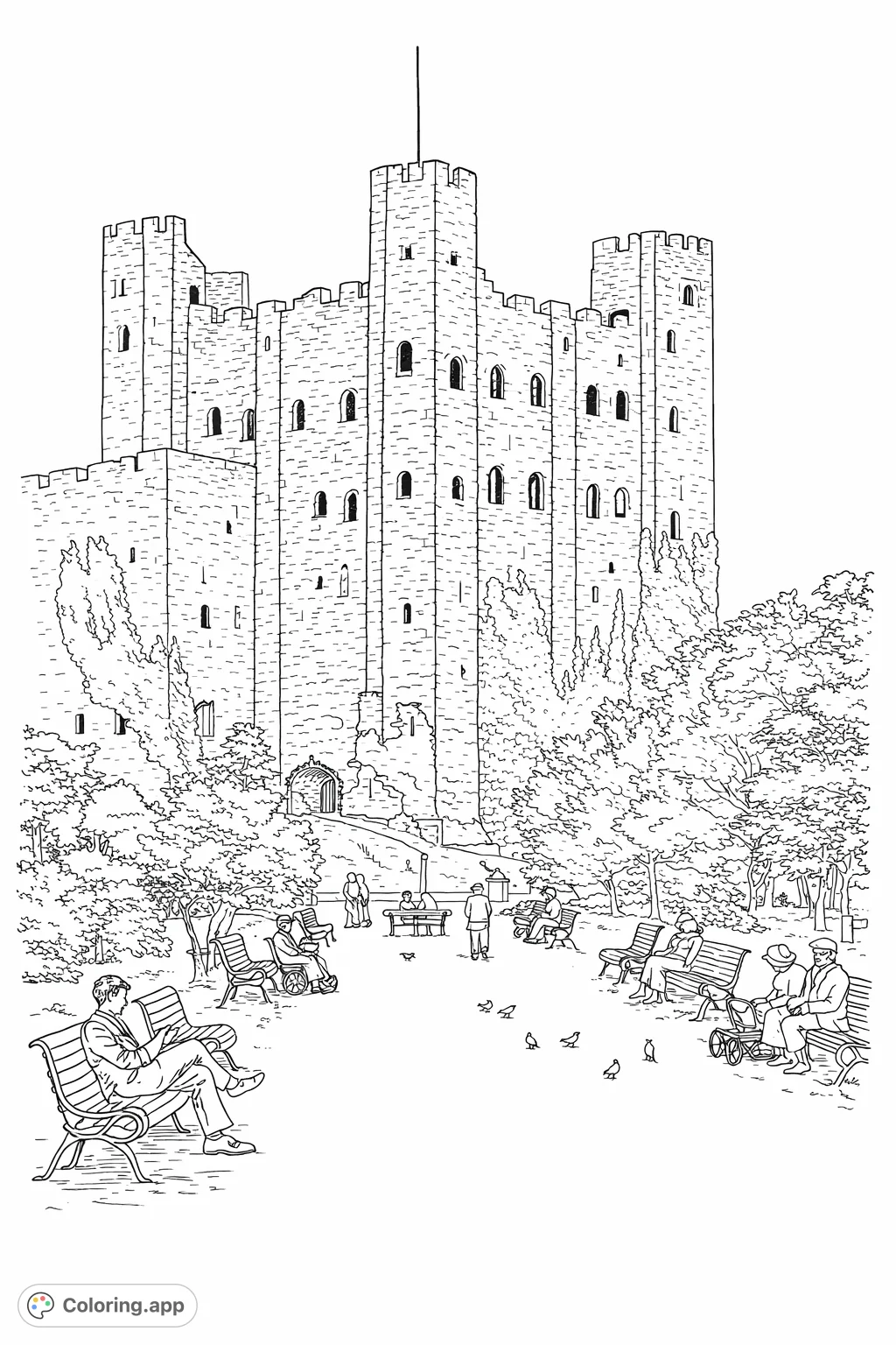 Imposing castle stands above a serene park with people on benches and a winding path. A detailed historical landscape for coloring.
