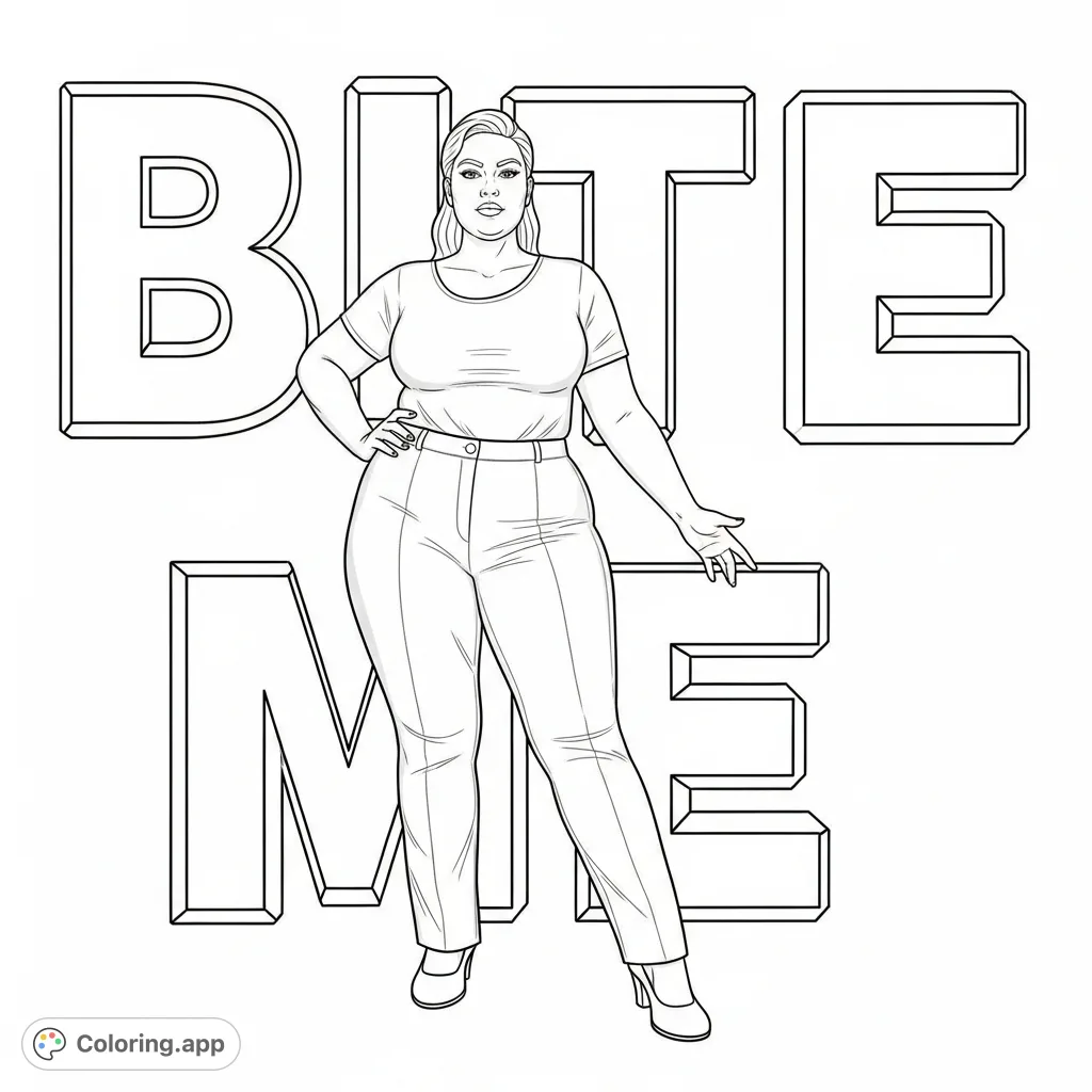 A bold plus size woman strikes a confident pose, framed by the impactful words "BITE ME". Celebrate self-expression and body positivity.