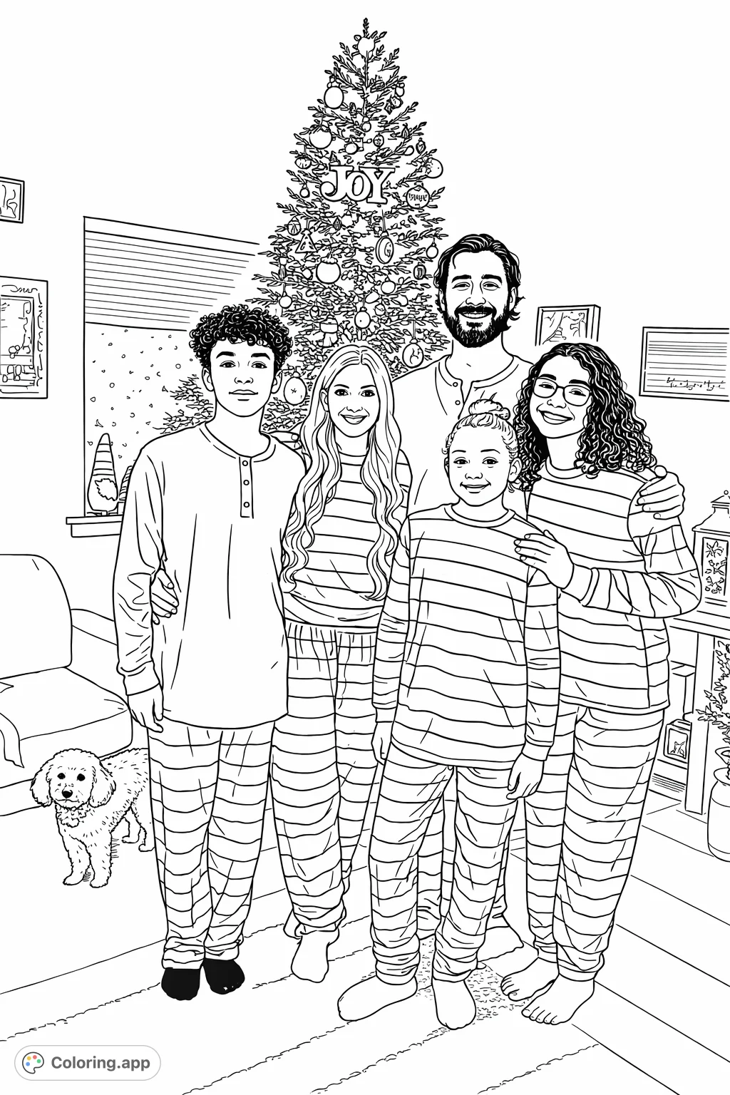 A heartwarming family in festive pajamas, including their dog, gathered by a beautifully decorated holiday tree, ready for coloring fun.