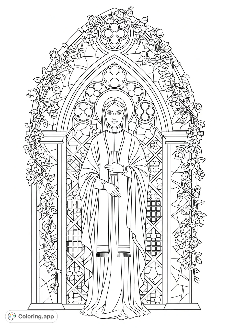An intricate stained glass coloring page featuring a serene female priest framed by an ornate, flower-adorned arch. Perfect for mindful coloring.