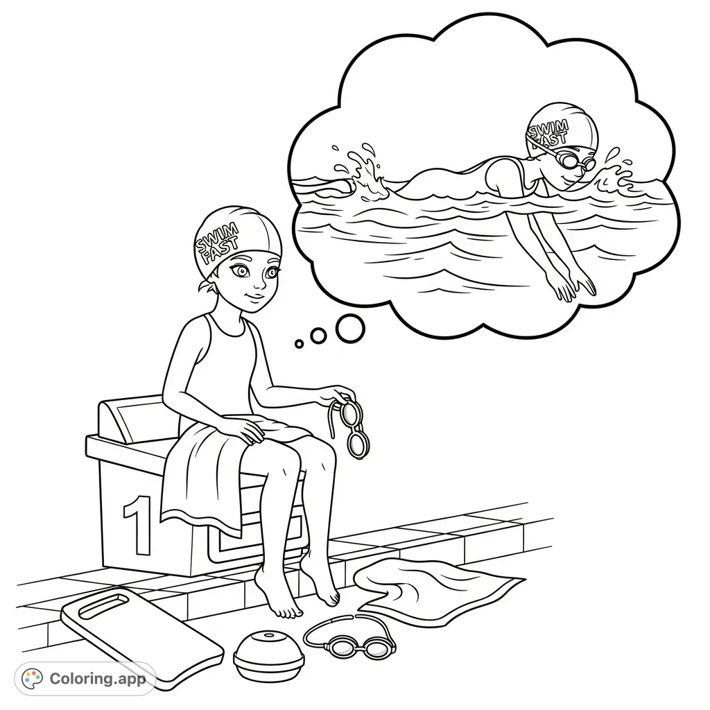 A young swim team girl sits on a starting block, dreaming of diving into wavy water. Features her cap with 'SWIM FAST' and goggles. Perfect for young athletes!