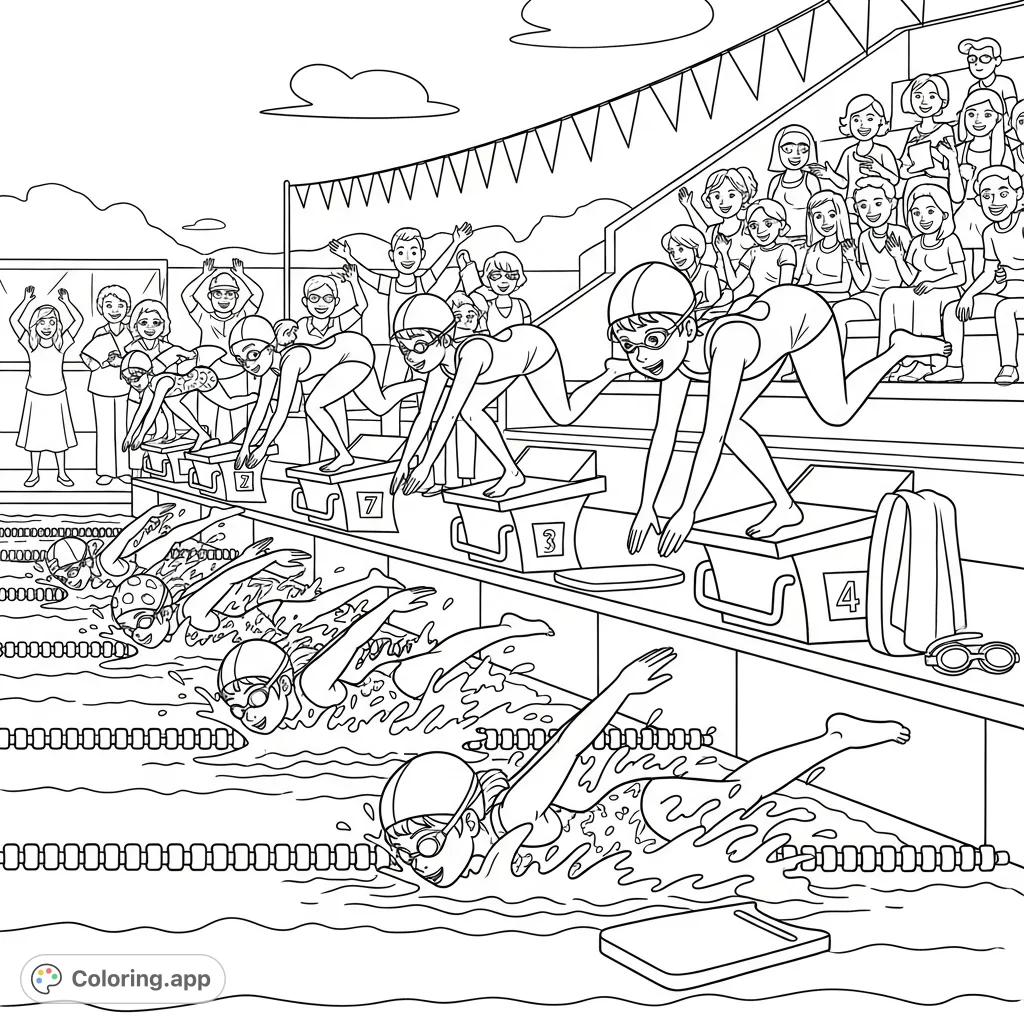 Capture the excitement of a girls' swim relay! See young swimmers in action, teammates ready on blocks, and cheering parents. A dynamic sports scene.