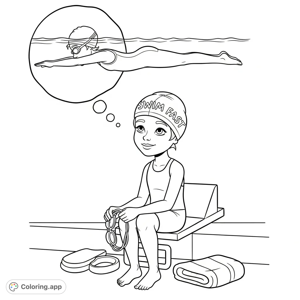 An 8-year-old swim team girl on a starting block daydreams of perfectly streamlining underwater, cap proclaiming "Swim Fast." A motivational scene for young athletes.