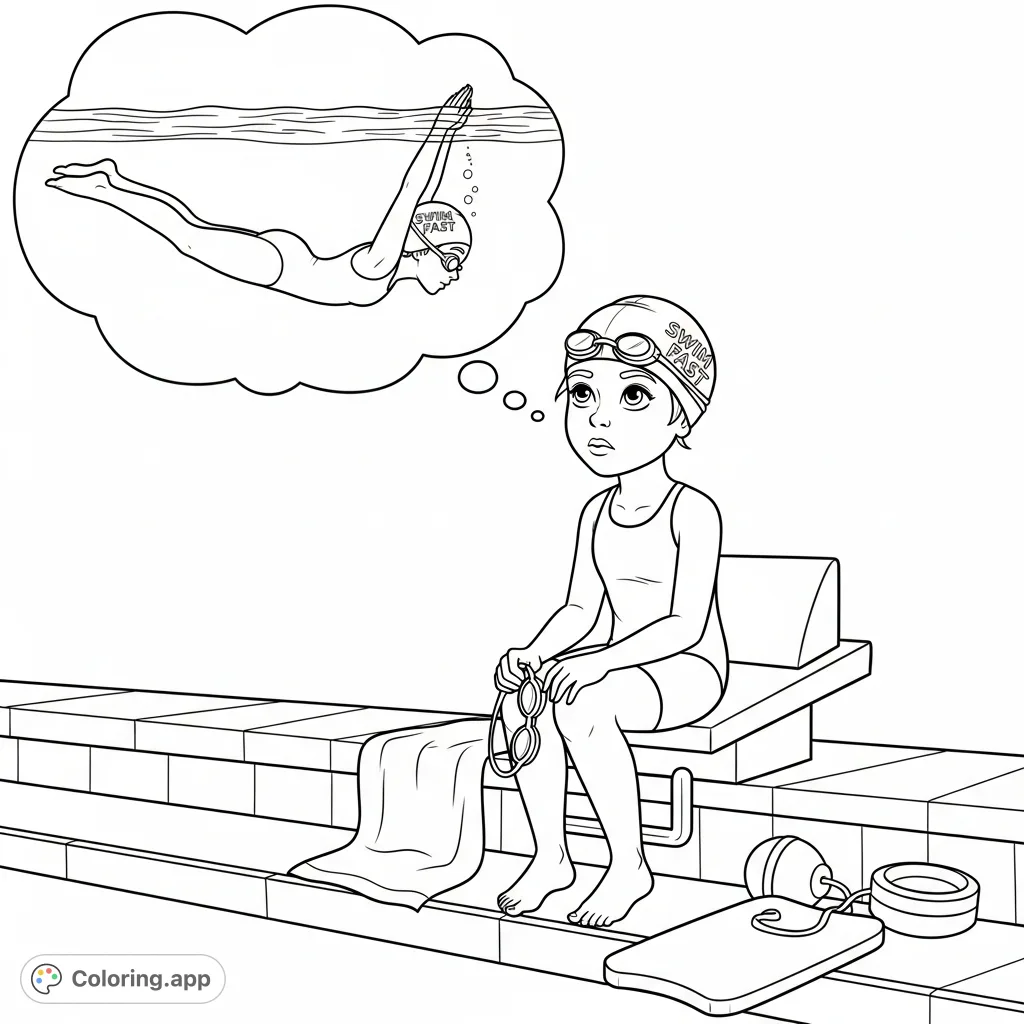 An 8-year-old swimmer on a starting block, lost in a daydream of perfect underwater streamline. Inspires young athletes and encourages imagination.