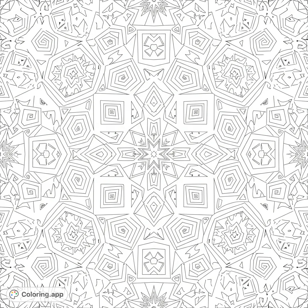 Explore a captivating, intricate kaleidoscope pattern with perfectly enclosed geometric shapes. A detailed abstract design offering endless coloring possibilities.