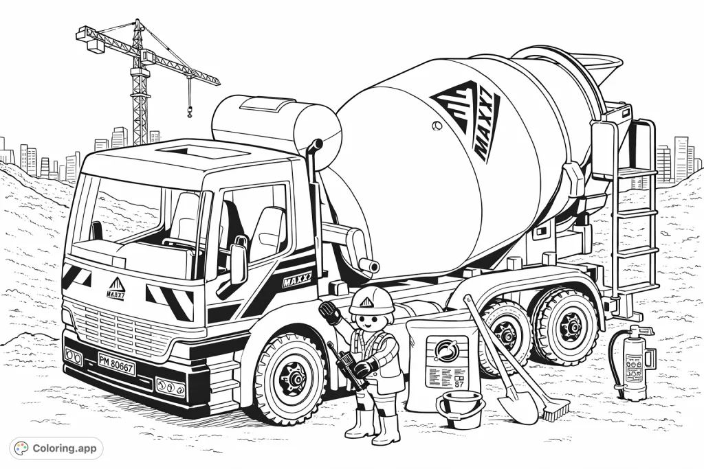 Explore a busy construction site with a detailed cement mixer truck and a worker ready for action. Perfect for aspiring builders and vehicle enthusiasts.