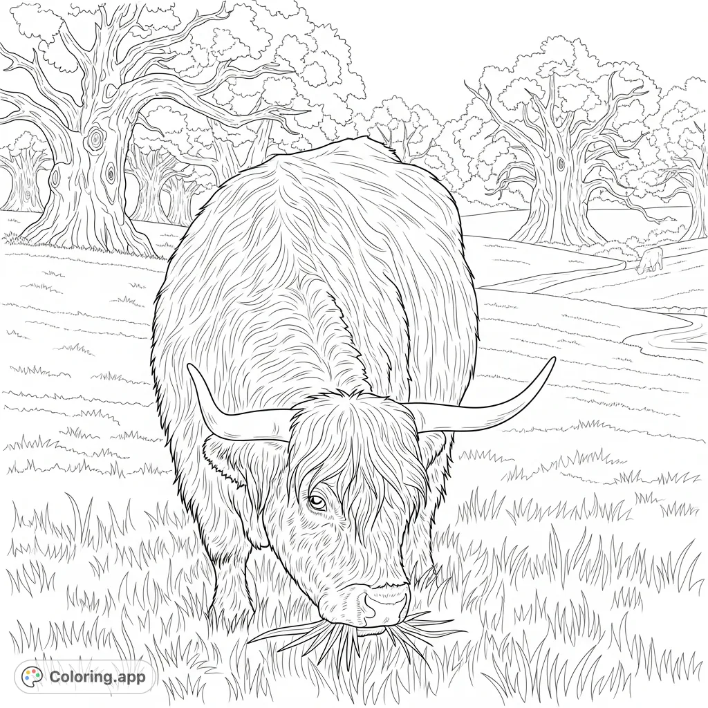 Discover a majestic highland cow grazing peacefully in a detailed pasture scene. Its shaggy coat, distinct horns, and a serene landscape await your artistic touch.