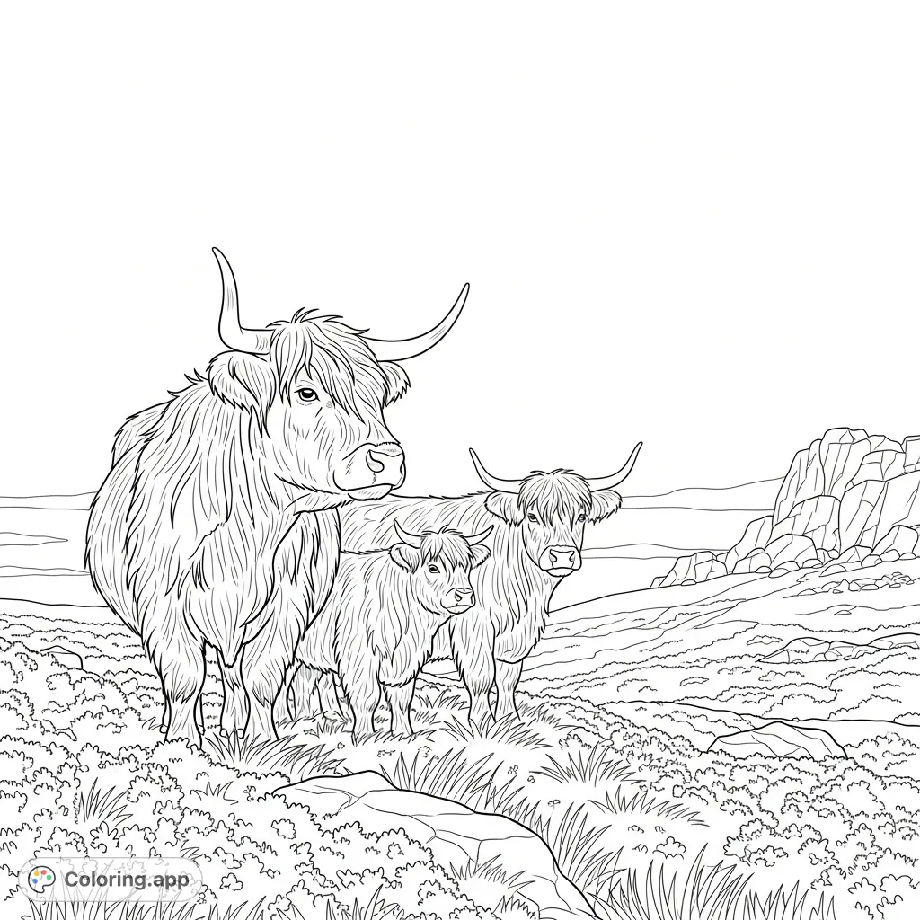 A serene highland cow coloring page featuring a small, shaggy herd on a windswept moor, with a calf and rocky outcrop. Perfect for nature lovers.