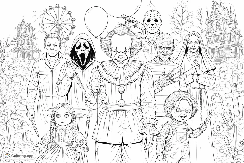 A spooky Halloween gathering featuring a clown, dolls, and other iconic horror figures in a graveyard with a haunted house and Ferris wheel background.