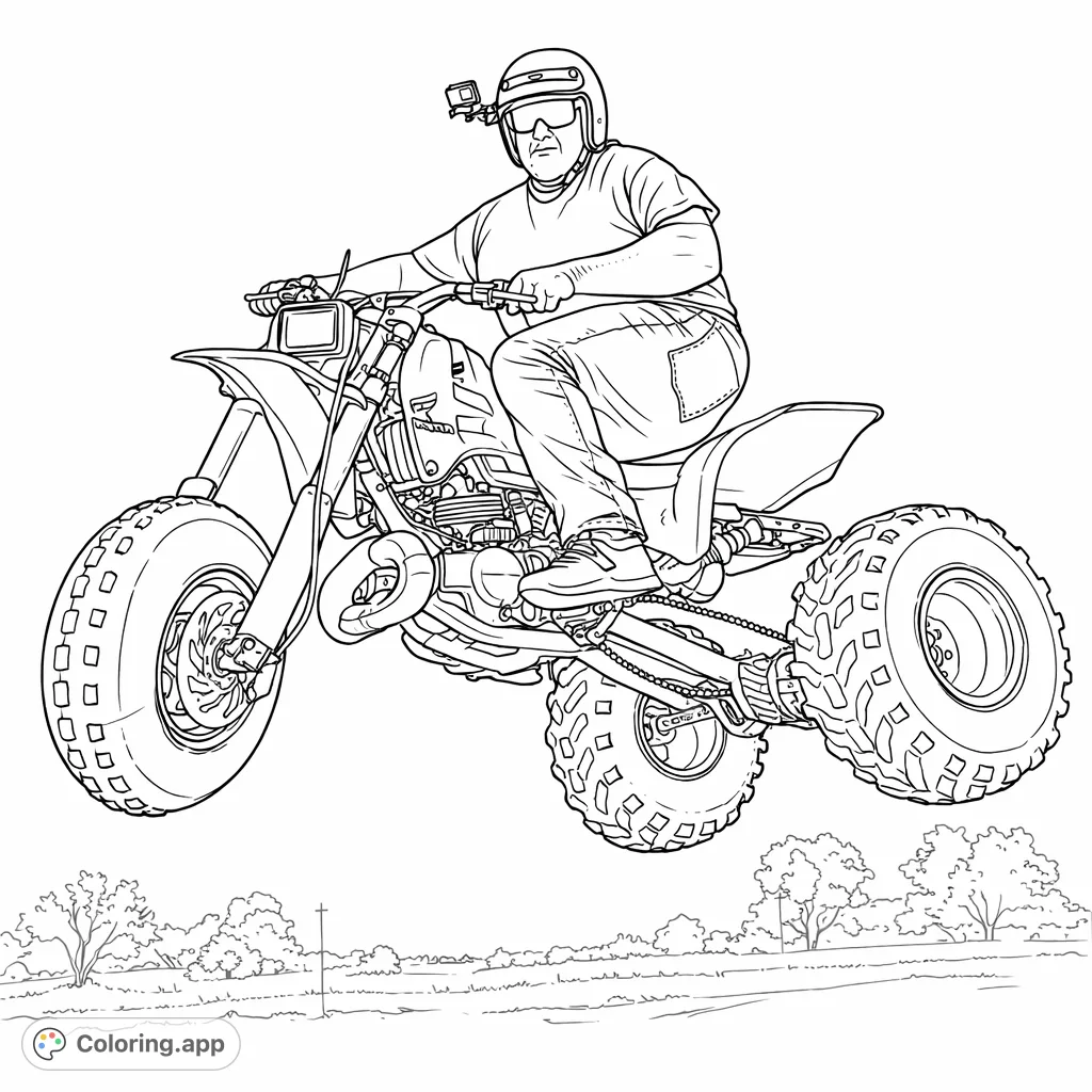 Experience the thrill of an ATV airborne stunt. A rider in a helmet jumps a three-wheeled vehicle over a dirt track, perfect for action-packed coloring.
