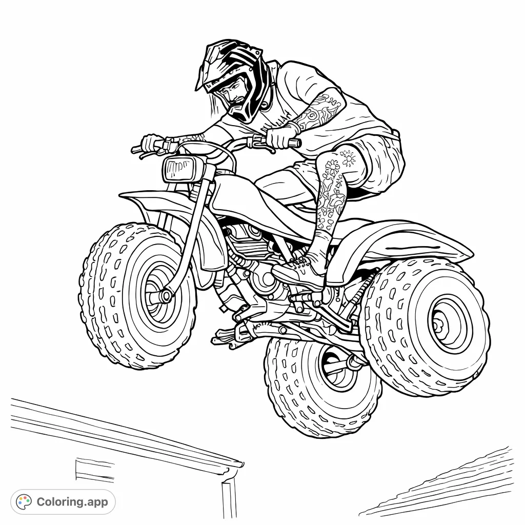 Dynamic ATV coloring page featuring a rider performing an exciting airborne jump. Perfect for motorsports enthusiasts and thrill-seekers.