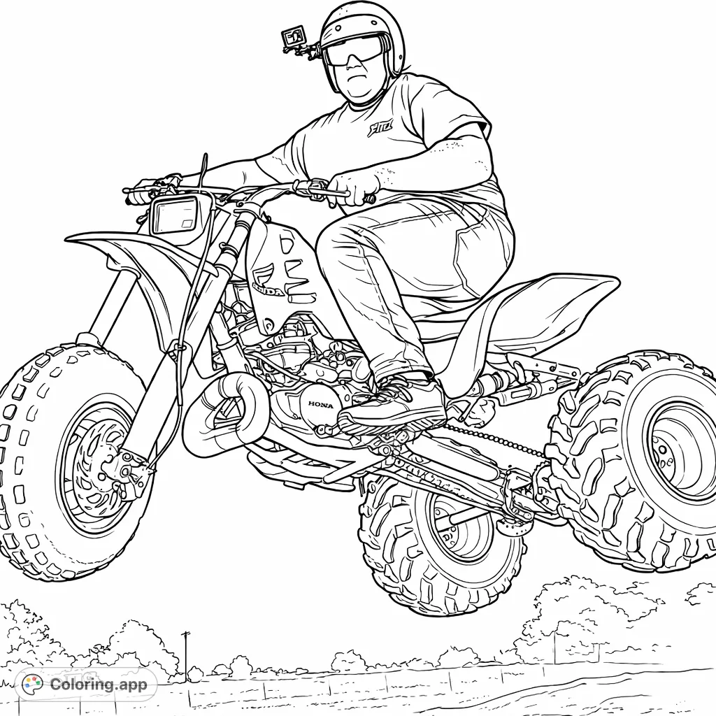 Captivating off-road trike coloring page. A rider in a helmet performs an exhilarating mid-air jump over a dirt track. Perfect for adrenaline enthusiasts!