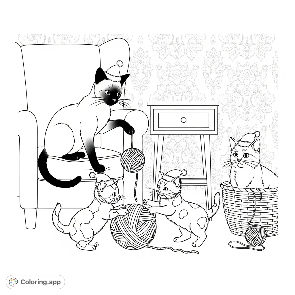 Discover a charming Christmas cats coloring page featuring four festive felines in Santa hats playing with yarn in a cozy room, perfect for the holidays!