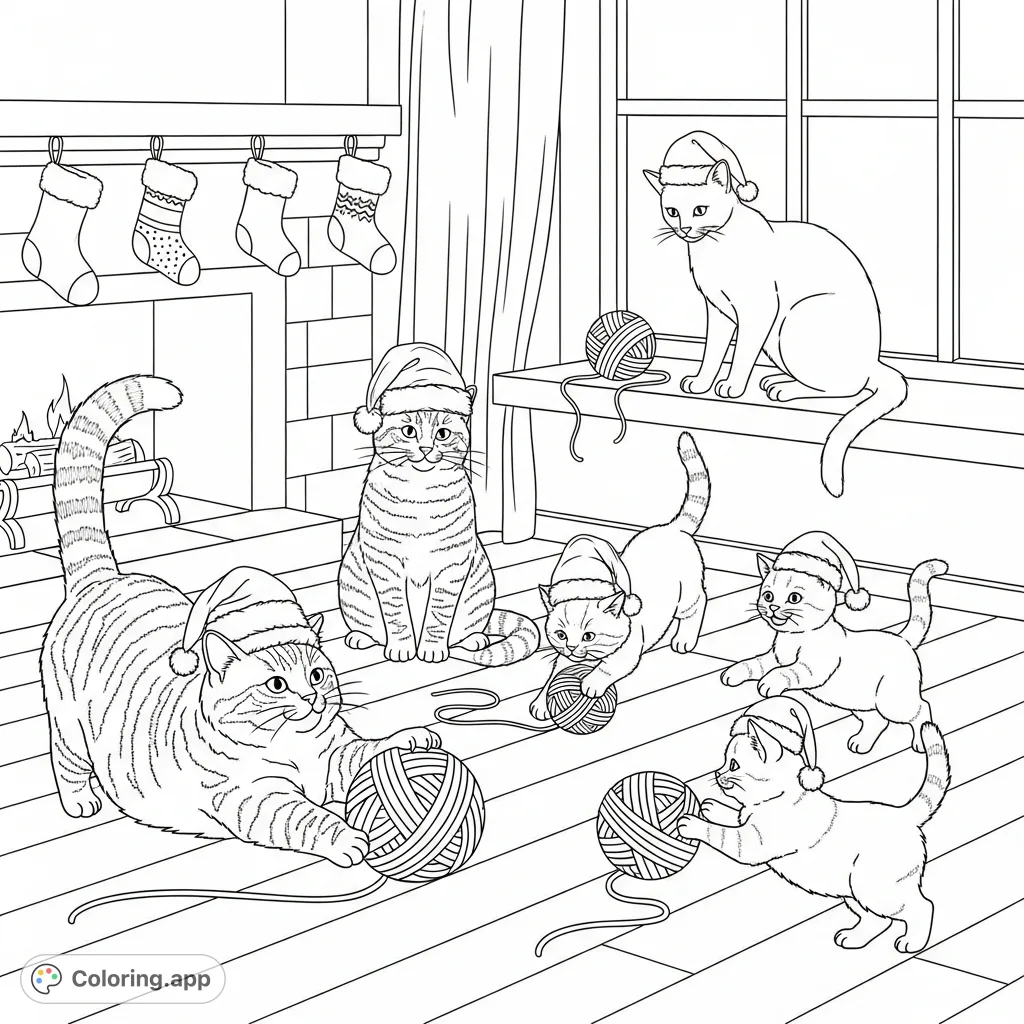 Adorable cats in Santa hats play with yarn balls on a cozy wooden floor by a fireplace. A charming and festive scene perfect for a delightful coloring experience.